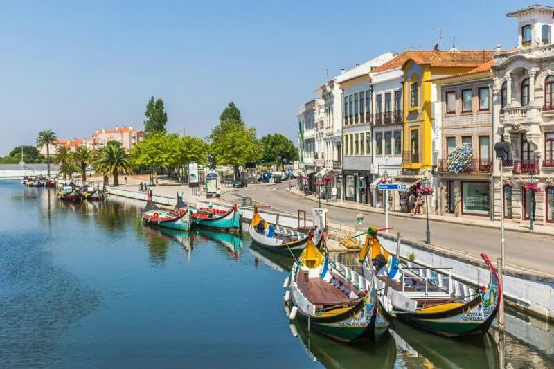 Passeio de moliceiro nos canais de Aveiro, com barcos coloridos e arquitetura art nouveau.